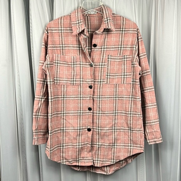 Miss Sparkling Button Down Pink White Plaid Silver Buttons Shirt Shacket Women M - Picture 8 of 13
